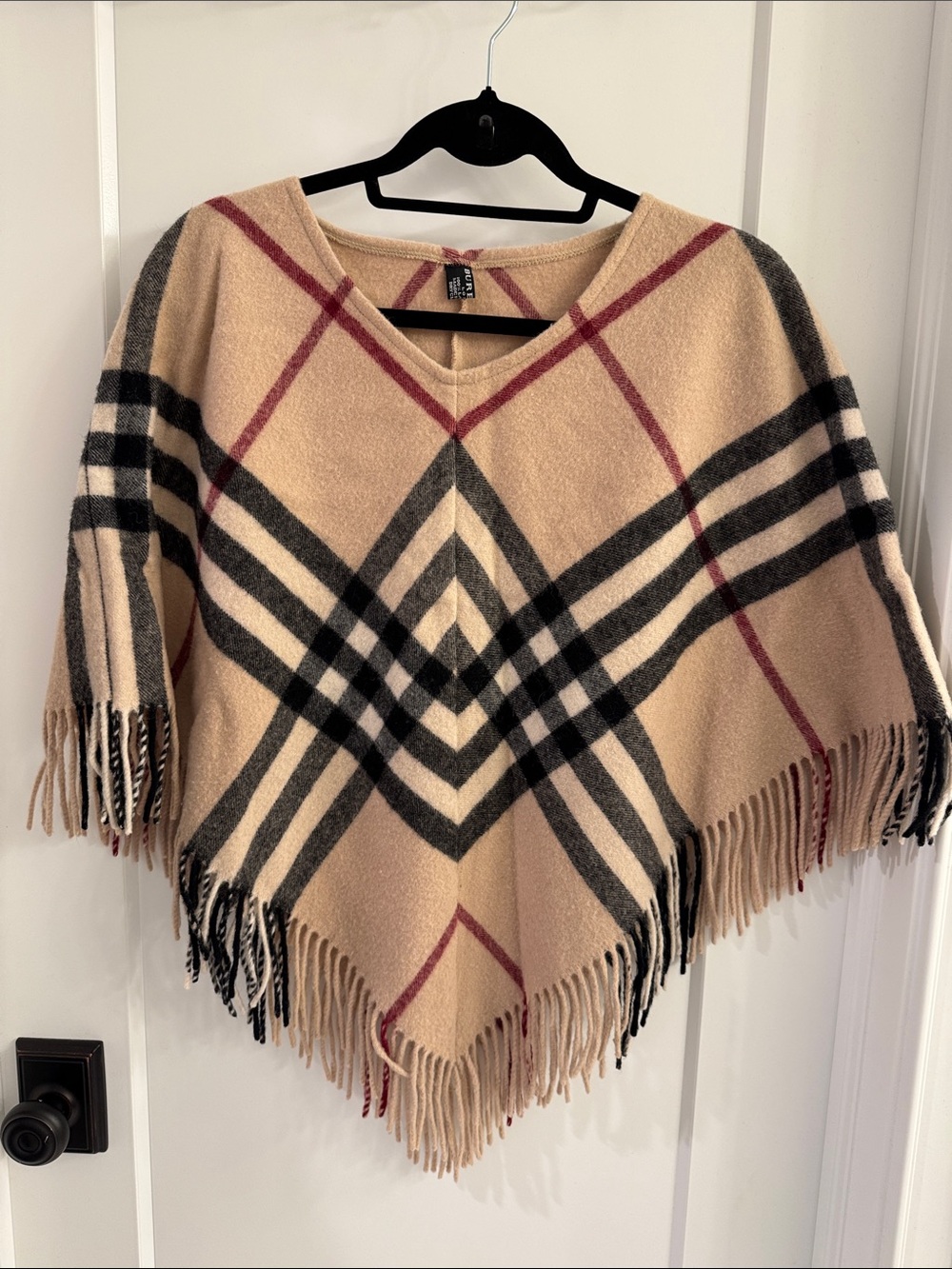 Burberry Beige Plaid Fringe Poncho Sweater - Women